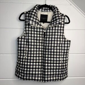 Talbots Petite Medium Gingham Puffer Vest Down Fill Black White NEW